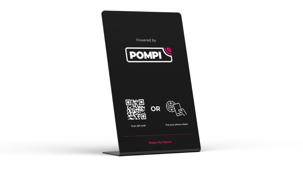 Black branded NFC and QR stand for a franchise location